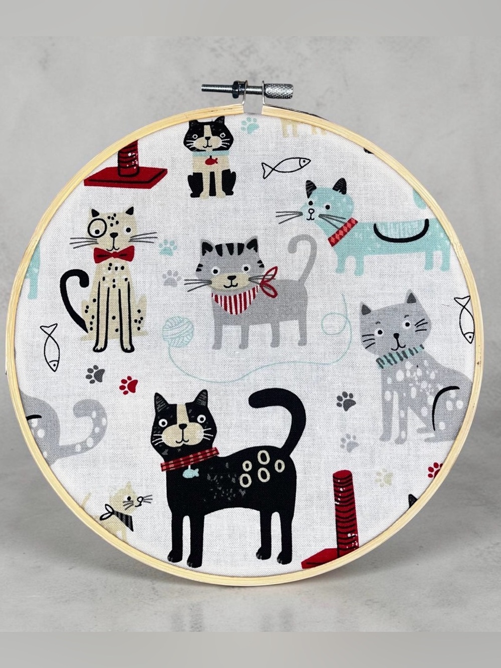 Cute Cat Fabric Hoops - Neutral & Teal Hand Crafted